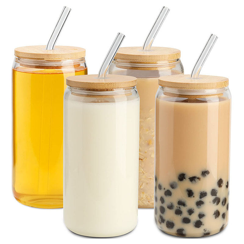 16oz Aesthetic Glass Cup with Bamboo Lid & Straw – Heat-Resistant Borosilicate Tumbler