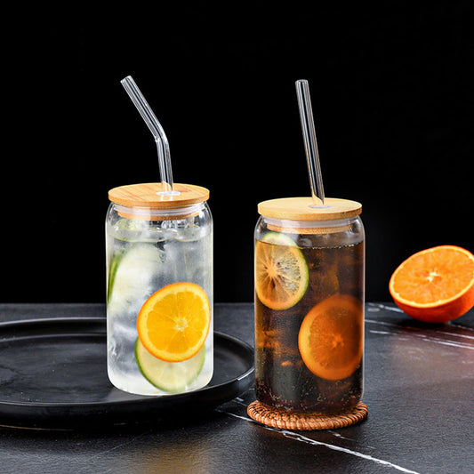 16oz Aesthetic Glass Cup with Bamboo Lid & Straw – Heat-Resistant Borosilicate Tumbler