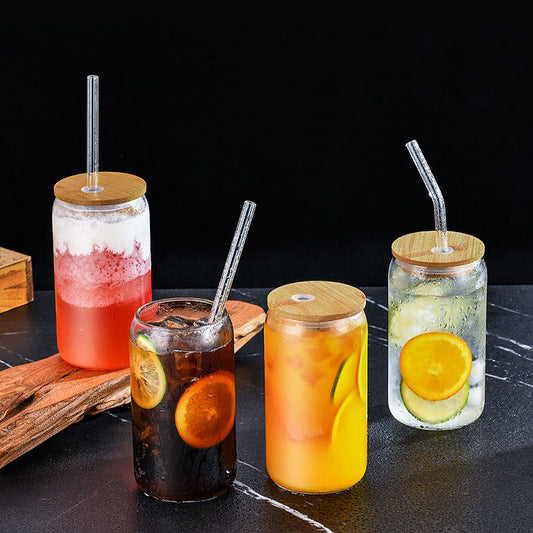 16oz Aesthetic Glass Cup with Bamboo Lid & Straw – Heat-Resistant Borosilicate Tumbler