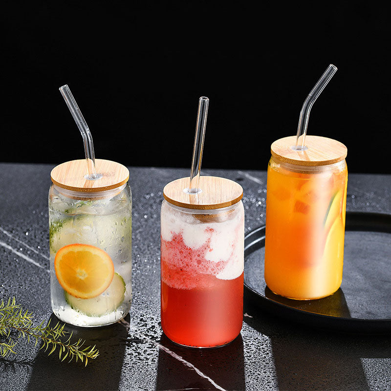 16oz Aesthetic Glass Cup with Bamboo Lid & Straw – Heat-Resistant Borosilicate Tumbler